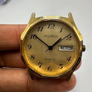 Vintage Helbros Watch Men Gold Tone  Day Date Case Only  No Band 32MM Working